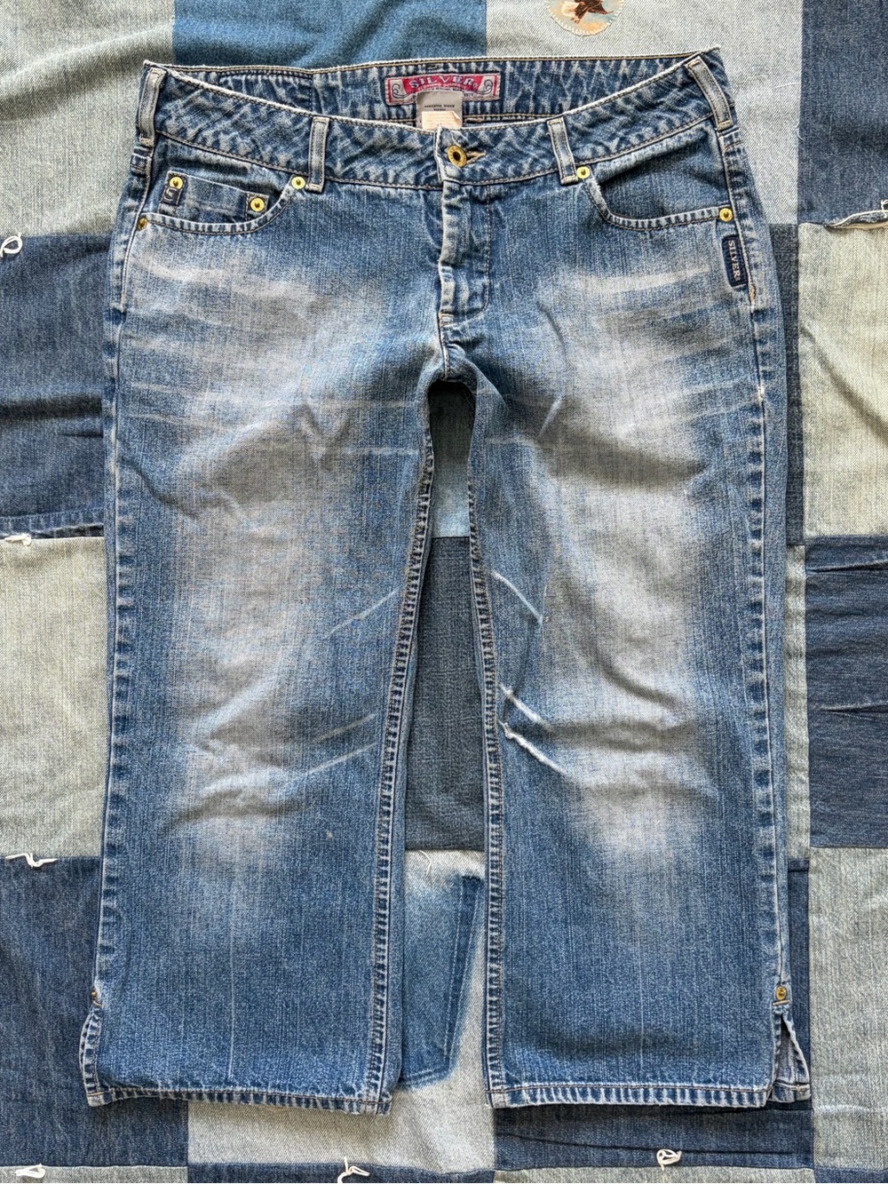 vintage y2k silver jeans low rise denim capri pants distressed 32 waist